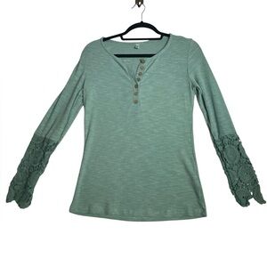 Kancystore Green Long Sleeve Henley Top with Crochet Bell Sleeves Size L
